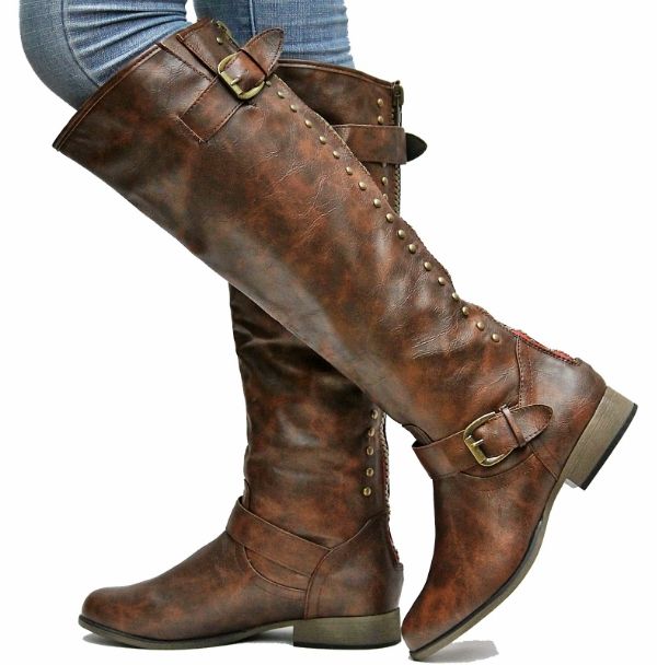 New Womens FL42 Brown Red Zipper Studded Riding Knee High Boots Sz 5.5