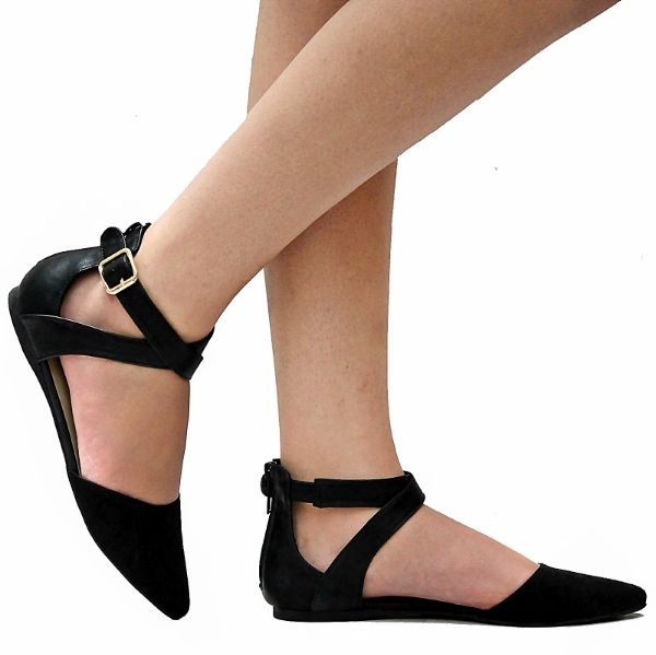 black pointed toe flats with ankle strap