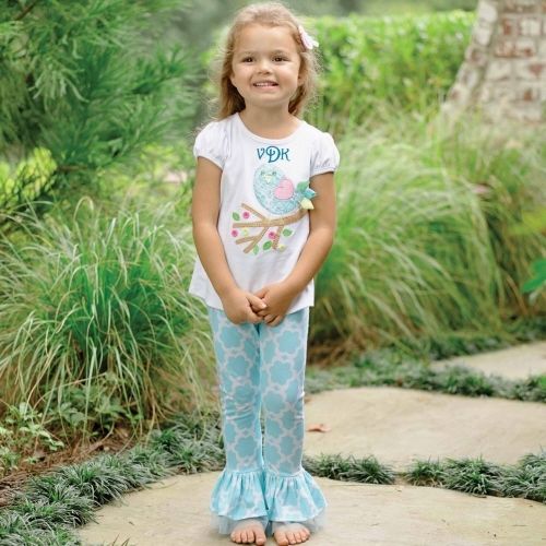 Mud Pie Easter Girl Turquoise Blue Chick Pant Set
