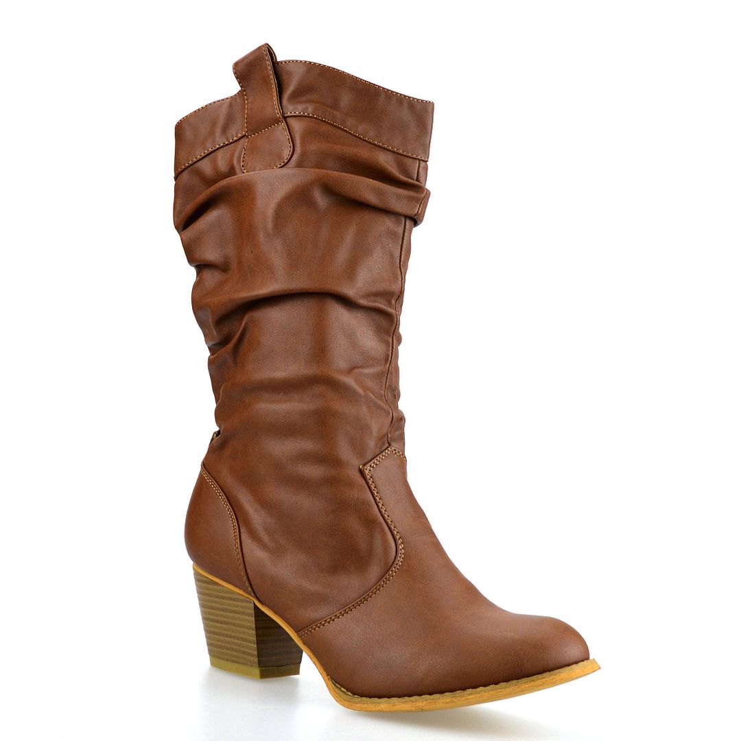 Ladies Womens Mid Calf Block Heel Winter Riding Cowboy Biker Boots