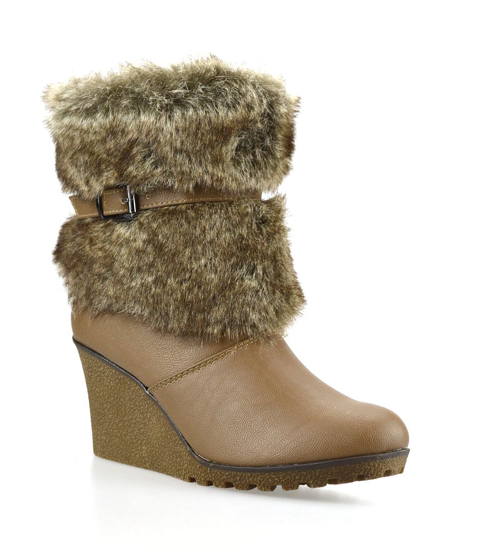 Ladies Womens Mid Calf Wedge Heel Zip Up Winter Riding Yeti Fur Boots ...